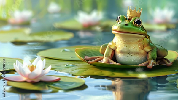 Fototapeta Cheerful Frog Wearing a Crown Sitting on a Lily Pad in a Pond.