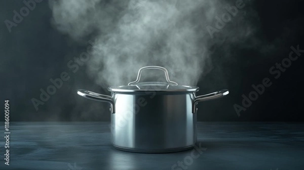 Fototapeta Cooking pot with boiling fog on black background