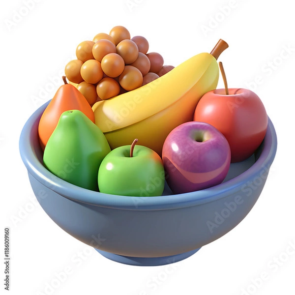 Fototapeta A Colorful Bowl of Freshness: A vibrant bowl overflowing with a mix of fresh fruits, including apples, pears, grapes, and a banana, rendered in a 3D cartoon style.