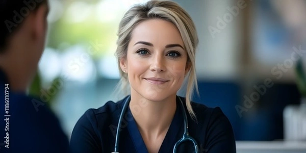 Fototapeta A smiling healthcare professional wearing scrubs with a stethoscope around their neck, looking attentively at someone. Concept Healthcare Professional, Smiling Attitude, Stethoscope Use