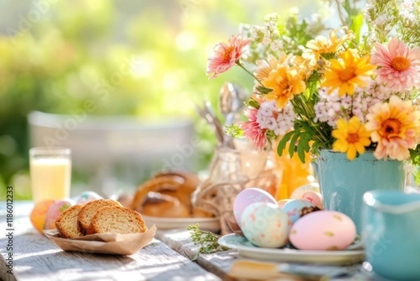 Obraz Festive outdoor Easter brunch table adorned with flowers and pastel eggs overlooking a sunny garden