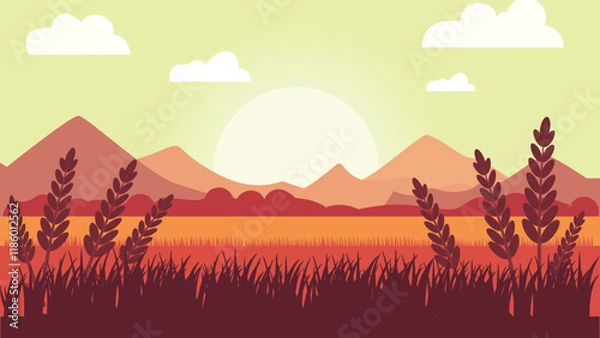 Fototapeta Wheat Field Nature Landscape with Mountains Hills View in the Morning