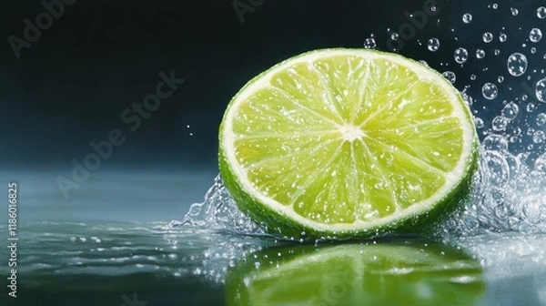 Fototapeta Close-Up of Fresh Lime Slice with Sparkling Water Droplets Splashing in Artistic Presentation