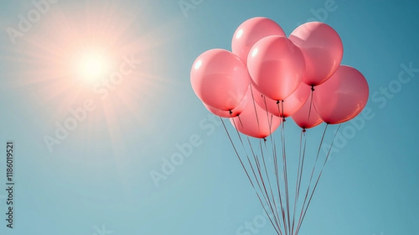 Fototapeta Pink Balloons Soaring High: A cluster of vibrant pink balloons ascends against a clear blue sky, bathed in the golden glow of the sun. The image captures the lightness and joy of celebration.
