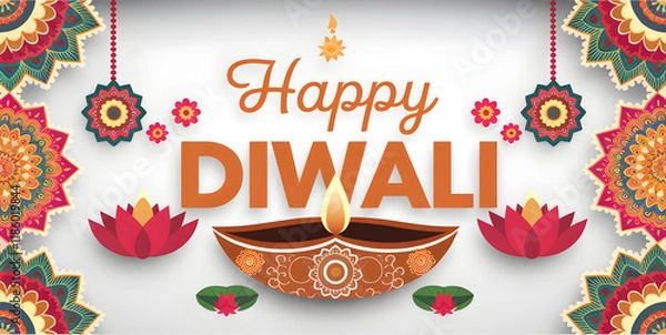 Fototapeta Happy diwali greeting card with illuminated diya and floral decorations celebrating the festival of lights