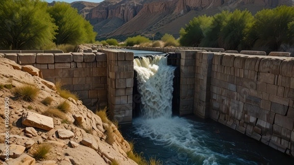 Fototapeta A massive concrete hydroelectric dam spans a river valley, creating a vast reservoir that reflects the vibrant sky, powering the surrounding landscape with clean energy