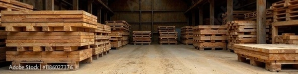 Fototapeta Wooden planks piled on wooden pallets in a rustic sawmill, lumber, texture, rustic sawmill