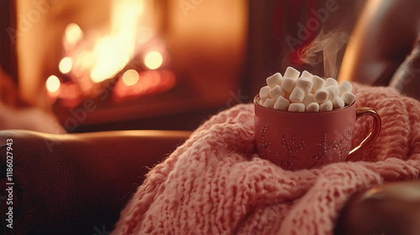 Fototapeta A steaming mug of hot chocolate with marshmallows, nestled in a cozy armchair by a crackling fireplace. A blanket drapes over the chair, with warm browns, creams, and reds evoking cozy comfort