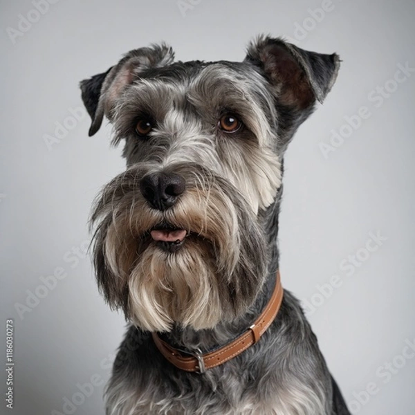 Obraz A schnauzer with a groomed beard on a white backdrop.