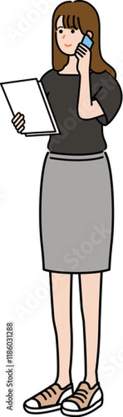 Obraz 資料を見て電話をする若い女性社員のイラスト