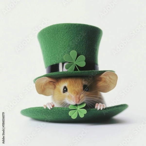 Obraz A cute mouse wearing a green top hat with a shamrock, symbolizing luck and St. Patrick's Day festivities.