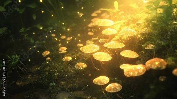 Fototapeta Enchanting glow of luminous mushrooms in a mystical forest scene