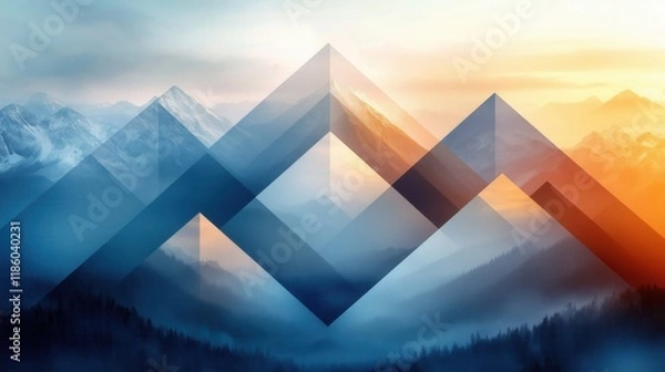Fototapeta Background with geometric shapes imitates mountain landscapes. Gradient to blue, white and orange.
