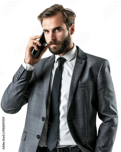 Fototapeta Businessman in a suit holding a phone isolated on a transparent background