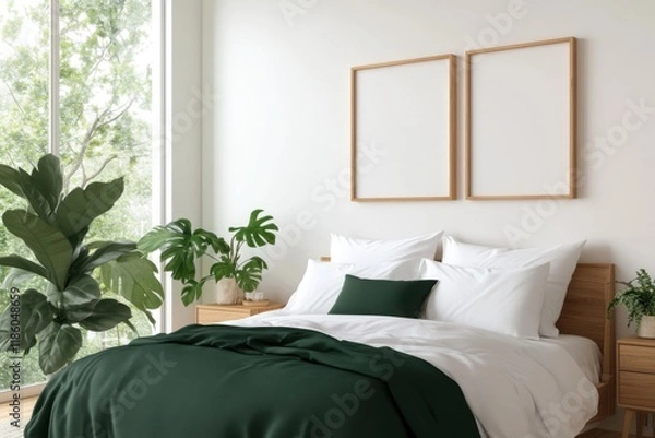 Obraz Modern bedroom interior with empty frames and plants showing biophilic design