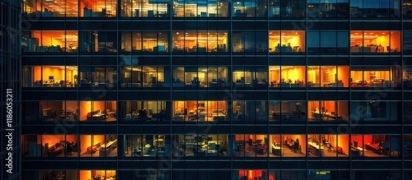 Fototapeta Illuminated office building at night, showing numerous lit windows and active workspaces within.