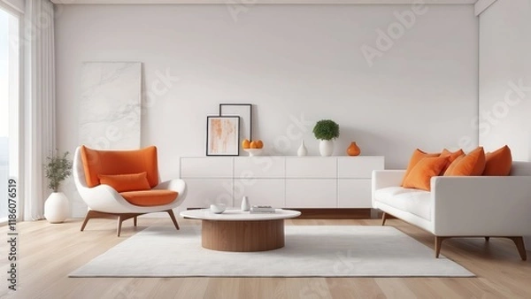 Fototapeta luxury modern living interior, Tangerine room, Shades of White lounge chair, and white sideboard