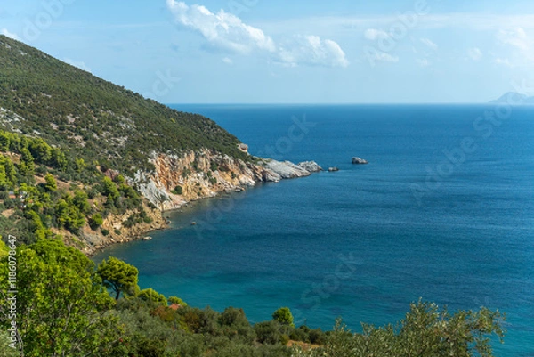 Obraz View of the sea, mountains, rocks, beaches, islands and the sky from different sides of the Skopelos island Greece.