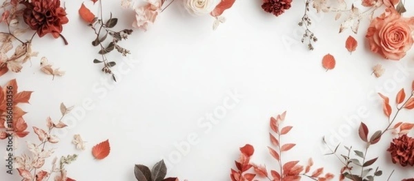 Fototapeta Autumn floral arrangement Dry leaves on a white backdrop Autumn fall theme Flat lay top view copyspace