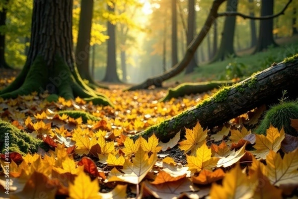 Obraz Golden yellow leaves scattered on forest floor amidst fallen trees and lush green undergrowth, autumn foliage, fall, leaf litter