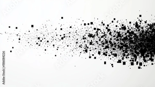 Fototapeta Precise grid of black square pixels systematically dissolving from left to right, creating a gradient of density where solid pattern breaks into scattered individual dots. Square particles maintain