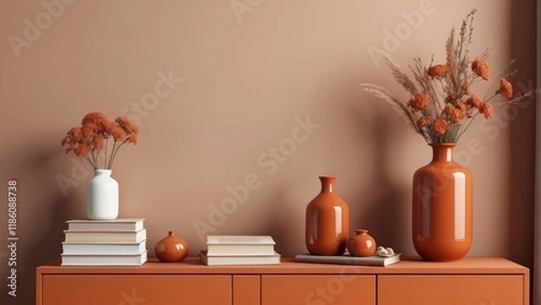 Fototapeta Minimalist composition of living room interior with copy space, simple Burnt Orange sideboard