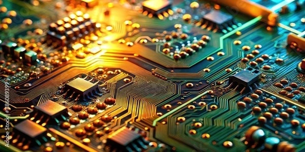 Fototapeta High-resolution close-up reveals intricate SMT circuit board details: components and traces.