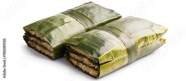 Fototapeta Lontong isolated on a white background Lontong consists of rice wrapped in banana leaves and steamed over boiling water for several hours It is a popular dish during Ramadan and Eid al Fitr