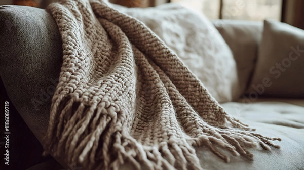 Fototapeta Cozy Knit Throw Blanket with Tassels: Warm and Stylish Home Decor for a Comfortable Living Room Space