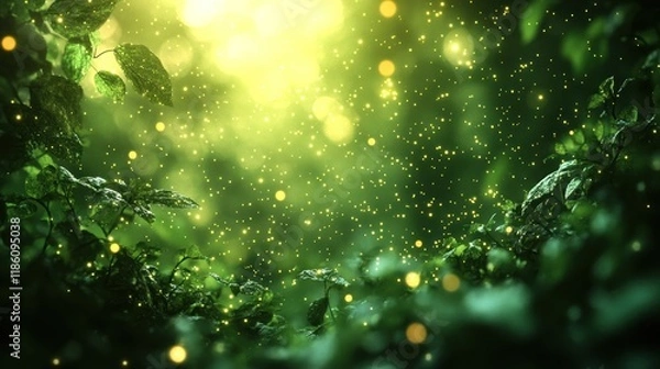 Fototapeta Magical forest scene with glowing particles and sunlight.