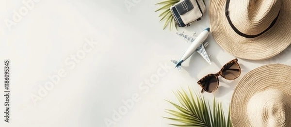 Fototapeta Travel accessories against a white background Concept of travel or summer vacation Top view. with copy space image. Place for adding text or design