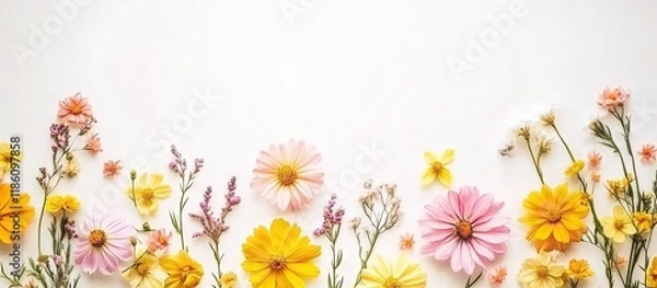 Fototapeta Delicate yellow and pink flowers of spring and summer on a light backdrop Concept of nature and minimalism Top view flat lay. with copy space image. Place for adding text or design