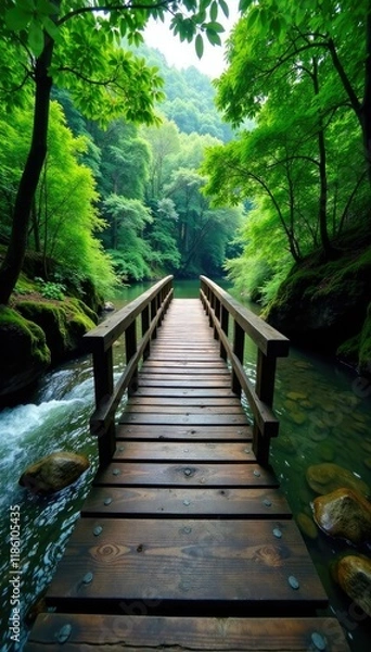 Fototapeta Wooden bridge spans across shallow river in rainforest, natural, river, water