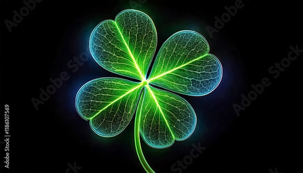 Fototapeta colorful glowing neon green four leaf clover, dark background