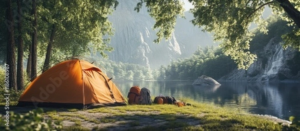 Fototapeta Contemporary camping tent and gear by the riverside Room for text. with copy space image. Place for adding text or design