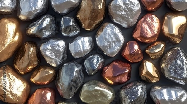 Fototapeta A collection of short rocks with shimmering metallic surfaces arranged in an abstract formation 
