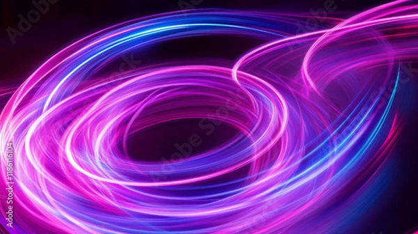 Fototapeta Fast light motion speed effect. Vector realistic illustration of abstract neon pink, purple rays, circular centric motion on black background, space travel route perspective, explosion energy warp