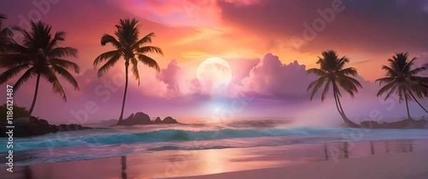 Fototapeta A beautiful view of palm beaches under colorful skies capturing the essence of summer