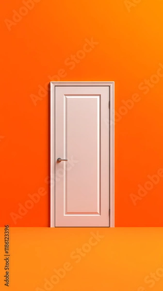 Fototapeta Opening a door to new possibilities bright orange background minimalist image modern design straight on view concept of change