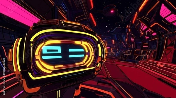 Fototapeta Neon Cyberpunk Spaceship Corridor: A Futuristic Digital Artwork