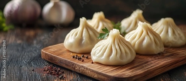 Fototapeta Georgian dumpling known as Khinkali Homemade khinkali from Georgia on a wooden surface. with copy space image. Place for adding text or design