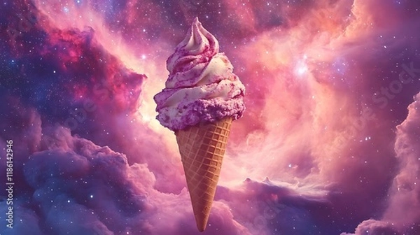 Fototapeta A cosmic ice cream cone with a starburst effect in a nebula-filled sky 