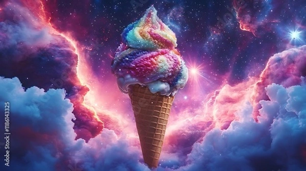 Fototapeta A cosmic ice cream cone with a starburst effect in a nebula-filled sky 