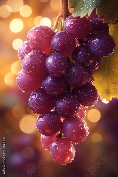 Fototapeta Macro shot of fresh grape cluster with shiny water droplets, highlighted by a soft focus background in earthy and golden tones,