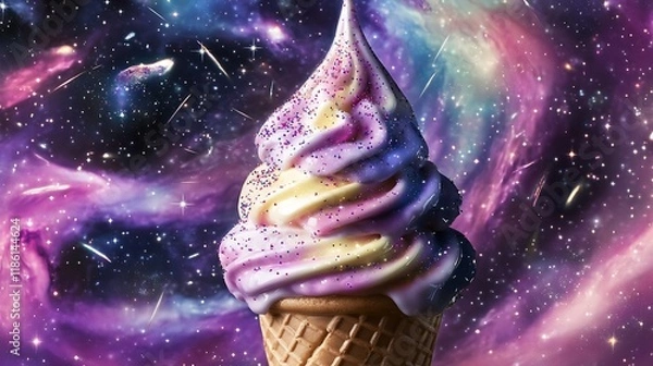 Fototapeta A cosmic ice cream cone with swirling galaxies and shooting stars 
