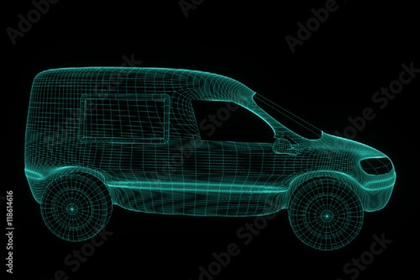 Fototapeta Transport Car in Hologram Wireframe Style. Nice 3D Rendering
