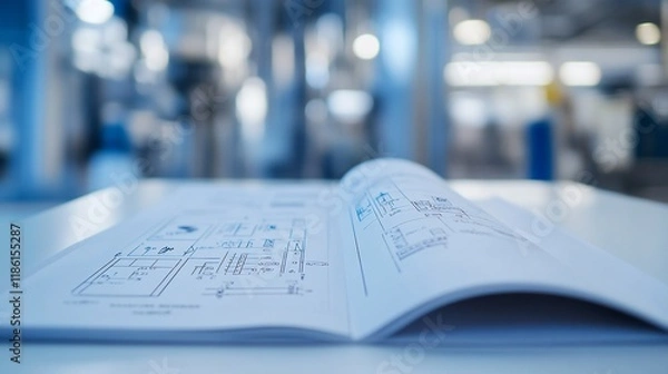Fototapeta Open technical manual with diagrams on a table in a factory.