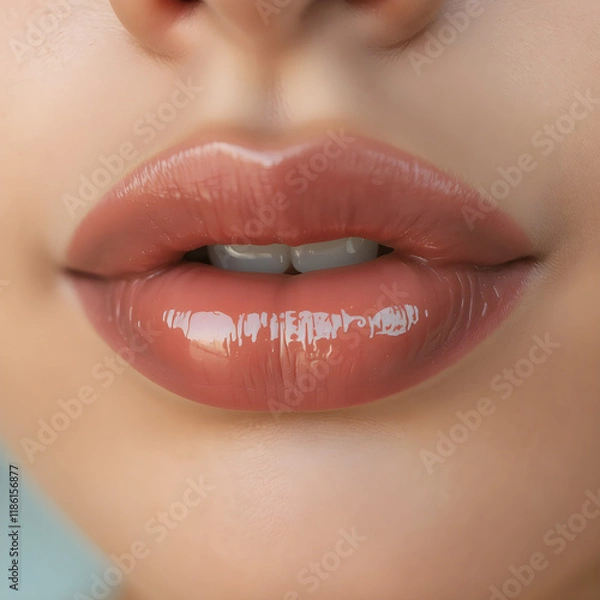 Fototapeta Close-Up of Young Woman's Beautiful Plump Lips with Nude Glossy Pink Lipstick. Generative AI.