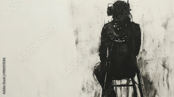 Fototapeta Charcoal sketch of person sitting on stool, seen from behind.