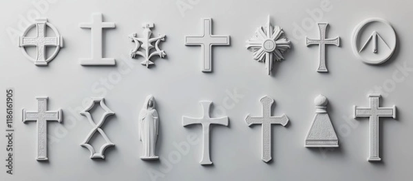 Fototapeta Collection of various religious cross symbols and figures in white, arranged on a light gray background.